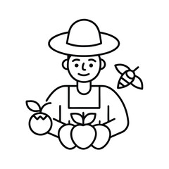 Obraz premium Farmer holding organic produce vector line art on white background