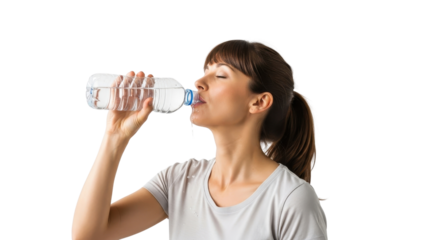 Thirsty woman drinking water from a bottle for hydration isolated PNG with Transparent Background