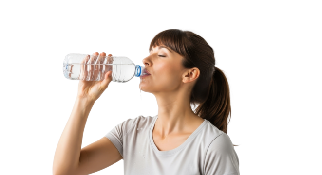 Thirsty woman drinking water from a bottle for hydration isolated PNG with Transparent Background