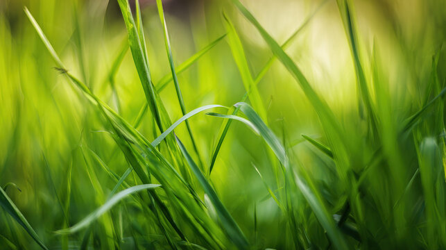 shallow. Fresh spring grass blades highlighted by sunlight with a soft, blurred effect. travel magazines, destination branding, designed for outdoor magazines and nature guides.