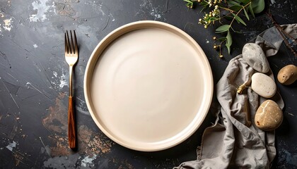 Empty Plate with Gold Fork on Dark Background