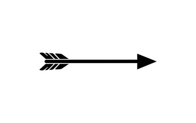A simple black arrow pointing right with feathered fletching and a sharp arrowhead on a white background