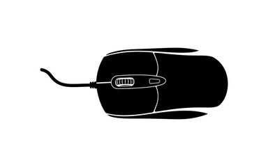 Obraz premium Illustration of a wired computer mouse with a scroll wheel and cable in a simple black and white design