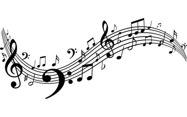 Illustration of musical notes and symbols arranged on curved staffs creating a flowing musical pattern design