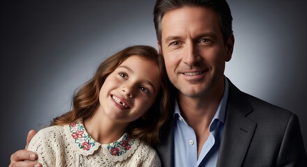 Smiling girl and man, happy family portrait, studio shot, father and daughter, close up, tender moment, affection, love, care, happiness, family bonding, child, adult, parent, togetherness, child