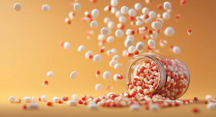 a jar of yellow morsels floating in the air, medicine, health, pill