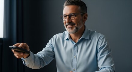 Smiling man using a remote control at home