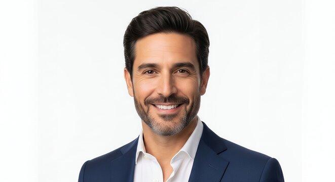 Smiling man in business suit, professional headshot, corporate portrait, happy executive, confident businessman, diverse model, adult male, portrait photography, white background, studio shot, cl