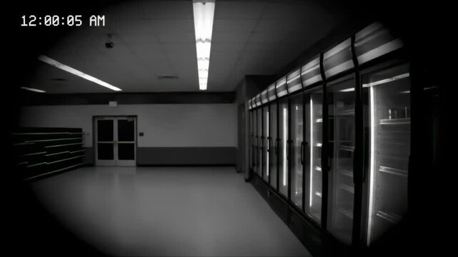 CCTV empty convenience store with humming fridges and glitching timestamp