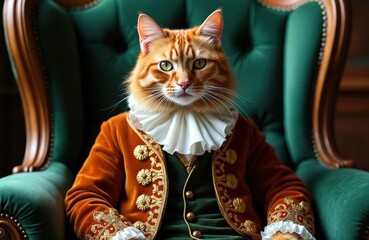 Orange cat, dressed in luxurious Victorian attire, sits regally on plush green velvet chair. Feline aristocrat sports ornate velvet jacket, ruffled collar, exuding air of distinguished, humorous,