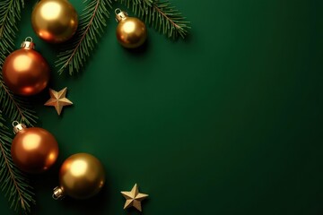 Elegant gold Christmas ornaments arranged on dark green background, copy space , decorations, green