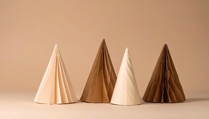 Four Paper Conical Trees on Beige Background
