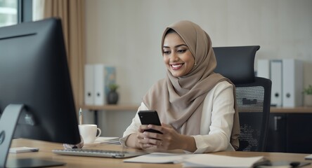 Smiling woman in hijab using smartphone at office desk