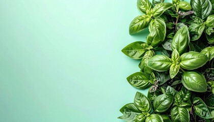 Fresh Green Basil Leaves on Mint Background