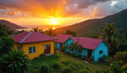 Vibrant Jamaican houses bathed in warm sunset light with tropical vegetation. Colorful homes, red roofs, blue and yellow walls dot a lush hillside overlooking the Caribbean Sea at dusk.