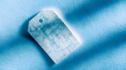 Vintage paper tag floating in blue space with abstract texture, minimalist design concept.