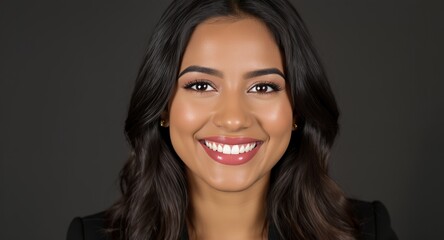 Smiling Woman Portrait, Headshot, Businesswoman, Corporate, Happy, Attractive, Professional, Female, Model, Diversity, Dark Hair, Makeup, Teeth, Close Up, Studio Shot, Elegant, Confident, Success