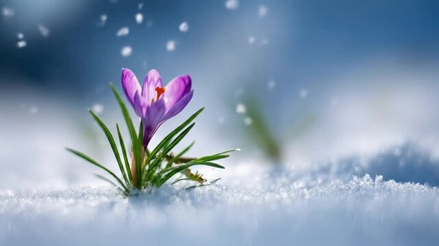 Delicate crocus blossom emerges from winter snow, showcasing the resilience of spring.
