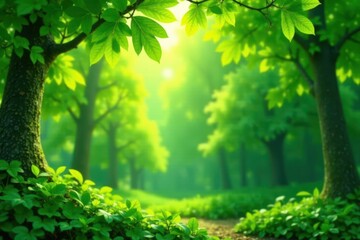 Fototapeta premium Lush green foliage backdrop with sunlight dappling leaves, green, greenery, dappled light