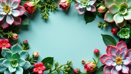 Fototapeta premium Minimalist succulent floral frame, Christmas backdrop , Christmas, wallpaper mockup, flatlay