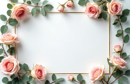 Minimalist frame with delicate pink roses, fresh plants. Elegant floral arrangement on white background, perfect for wedding invitations, greeting cards, romantic decor. Sophisticated botanical