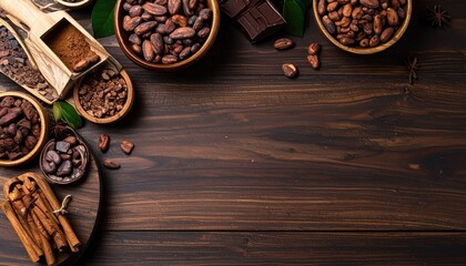 Golden Brown Cocoa Beans and Chocolate on Dark Wood