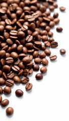 Naklejka premium Scattered falling coffee beans, pristine white backdrop, beans, drink, still life