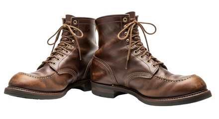 Pair of vintage brown leather work boots isolated PNG with Transparent Background