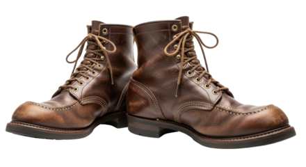 Pair of vintage brown leather work boots isolated PNG with Transparent Background