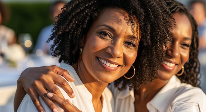 Smiling women embracing outdoors, happy friendship, family togetherness, golden hour light - Powered by Adobe