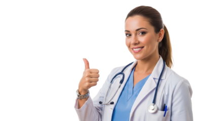 Smiling female doctor with stethoscope giving a thumbs up gesture isolated PNG with Transparent Background