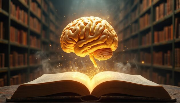 Golden brain floats above open book in mystical library with glowing light and sparkle effects. Symbolizes cognition, wisdom, imagination, and knowledge. Inspires creativity, learning, and thought.
