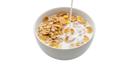 Pouring milk into a bowl of breakfast muesli cereal isolated PNG with Transparent Background