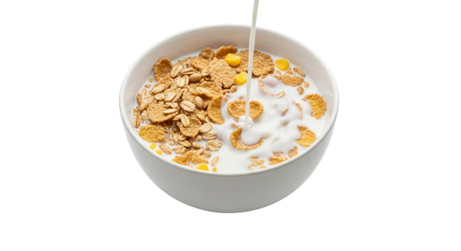 Pouring milk into a bowl of breakfast muesli cereal isolated PNG with Transparent Background