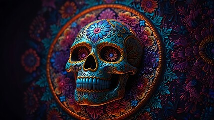Vibrant sugar skull in cinematic closeup