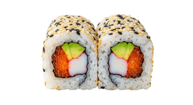 California roll sushi with crab stick, avocado, and fish roe isolated PNG with Transparent Background