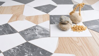 Gray and Beige Geometric Tile Pattern with Stones and Wheat