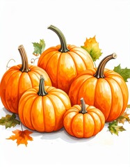 Pile of Orange Pumpkins Surrounded by Autumn Leaves on White Background