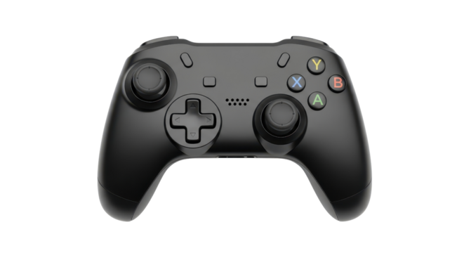 Black wireless video game controller gamepad for console gaming isolated PNG with Transparent Background