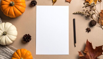 Autumnal Still Life Featuring White Paper Pumpkins and Seasonal Decor on Beige Background