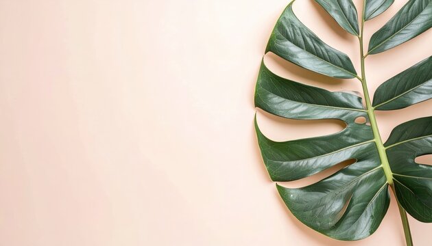 Green Monstera Leaf on Pale Pink Background