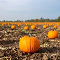 Vibrant Orange Pumpkins in Rows on a Brown Soil Farm Under Cloudy Blue Sky During Autumn Harvest