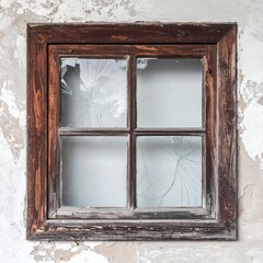 Cracked Glass Pane in Old Wooden Window Frame on Textured Wall Facade