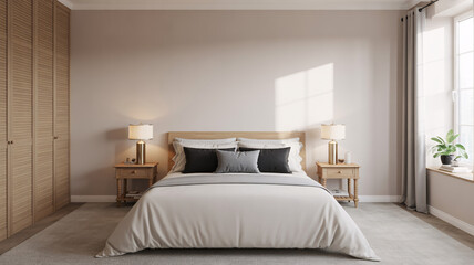 Serene bedroom sanctuary featuring a plush bed, warm lighting, and natural wood accents