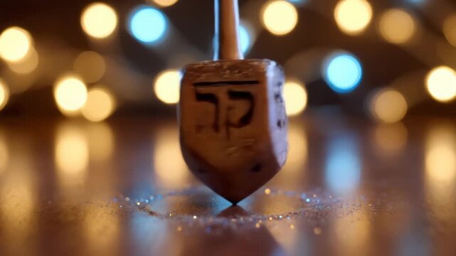 Hanukkah dreidel macro spinning with glitter dust trails