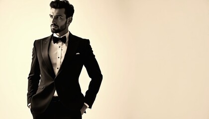Man in sharp black tuxedo posing confidently with hands in pockets. Dapper male model exudes style, sophistication, modern charisma. Elegant formal wear suitable for evening events, portraying