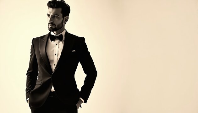 Man in sharp black tuxedo posing confidently with hands in pockets. Dapper male model exudes style, sophistication, modern charisma. Elegant formal wear suitable for evening events, portraying