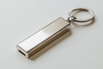 Sleek, rectangular silver keychain with a polished metallic finish and a simple, circular key ring.  Subtle shadow cast on a light grey background