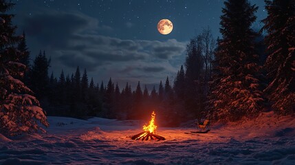 Cinematic shot of a bonfire in the middle of a snowy forest at night, with moonlight illuminating the scene. Photorealistic and cinematic in style.