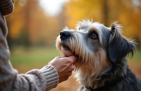 Senior dog enjoying autumn park walk with owner. Gentle hand pets scruffy grey and white dog face. Loyal canine companion, active elderly pet owner. Bond of friendship, outdoor leisure activity.